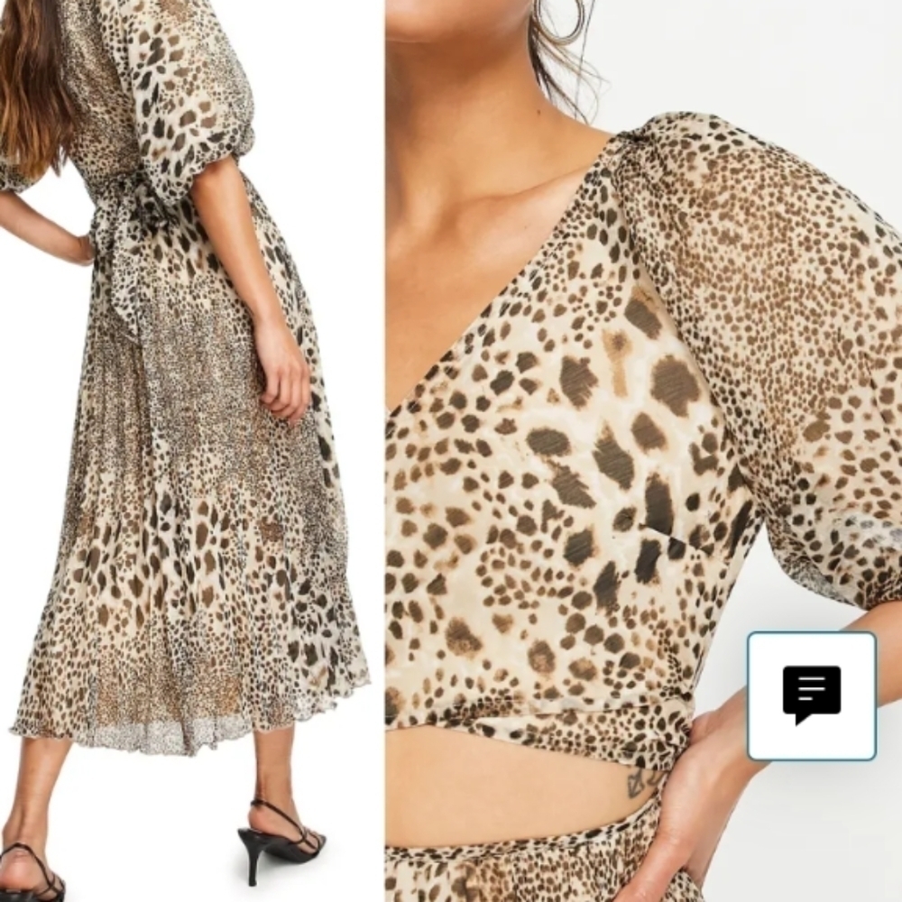 ASOS Leopard Print Puff Sleeves Faux Wrap Midi Dress sz 2 - Picture 2 of 13